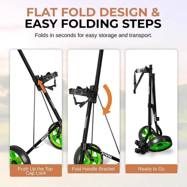 Alt view image 6 of 7 - Jovial Foldable 2-Wheel Golf Pull Cart with Adjustable Handle, Foot Brake & Elastic Strap - JOVGF2W