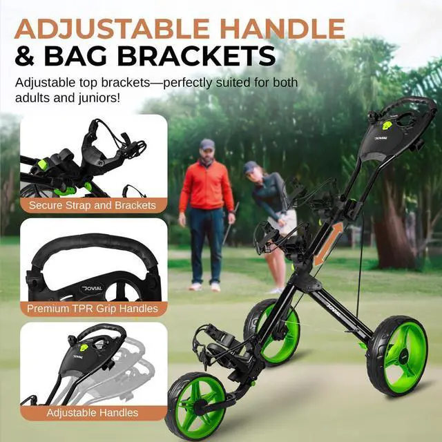 Alt view image 4 of 7 - Jovial Foldable 3-Wheel Junior Pull Cart with Scorecard Holder, Adjustable Handle & Elastic Strap - JOVGFP9