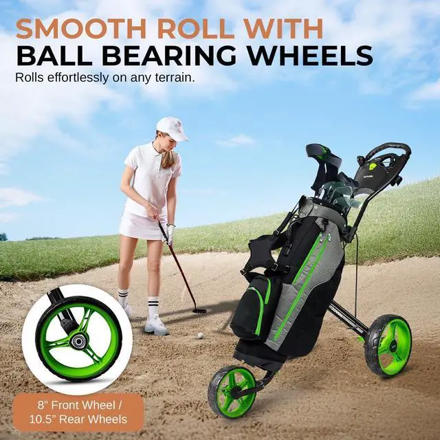 Alt view image 3 of 7 - Jovial Foldable 3-Wheel Junior Pull Cart with Scorecard Holder, Adjustable Handle & Elastic Strap - JOVGFP9