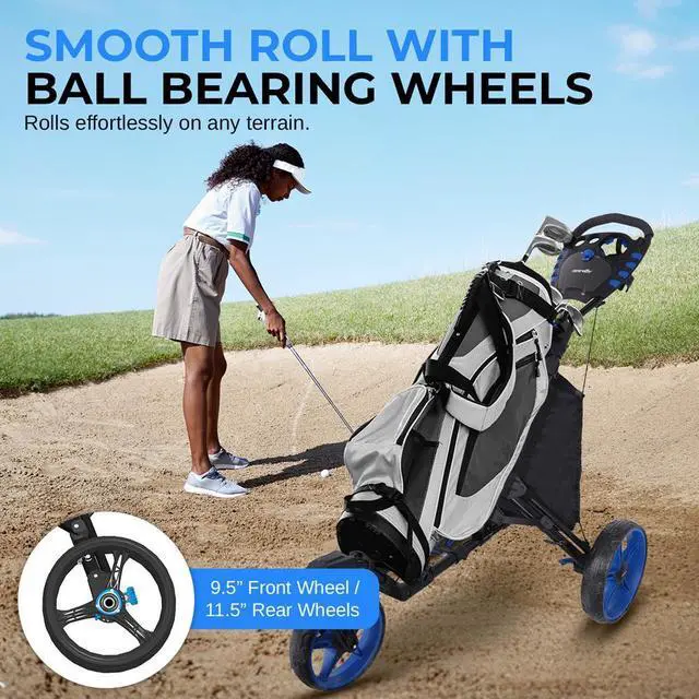 Alt view image 4 of 7 - SereneLife Foldable 3-Wheel Golf Push Cart with Scorecard Holder, Cup Holder & Adjustable Handle - SLGZ48