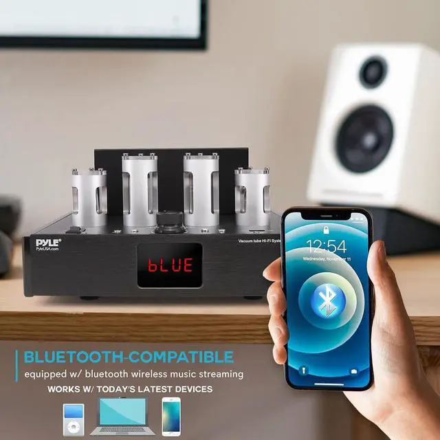 Alt view image 5 of 7 - bluetooth tube amplifier stereo receiver - 500w home theater audio desktop stereo vacuum tube hi-fi power amplifier receiver w/ 4 vacuum tubes, usb reader, cd/dvd input, subwoofer output - pyle pvta80