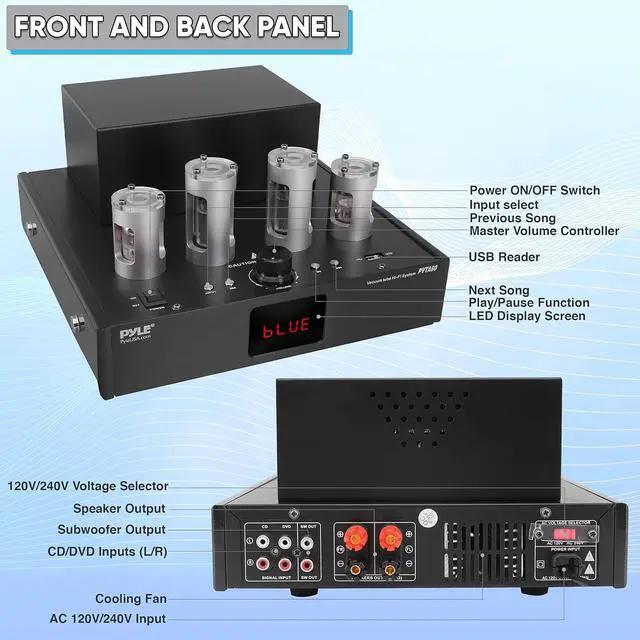 Alt view image 6 of 7 - bluetooth tube amplifier stereo receiver - 500w home theater audio desktop stereo vacuum tube hi-fi power amplifier receiver w/ 4 vacuum tubes, usb reader, cd/dvd input, subwoofer output - pyle pvta80