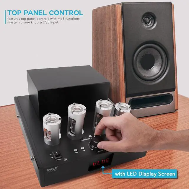 Alt view image 3 of 7 - bluetooth tube amplifier stereo receiver - 500w home theater audio desktop stereo vacuum tube hi-fi power amplifier receiver w/ 4 vacuum tubes, usb reader, cd/dvd input, subwoofer output - pyle pvta80