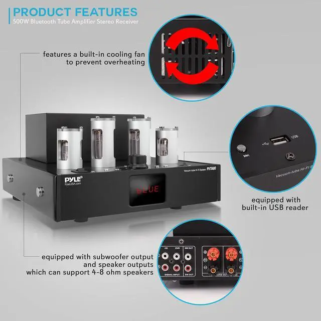 Alt view image 4 of 7 - bluetooth tube amplifier stereo receiver - 500w home theater audio desktop stereo vacuum tube hi-fi power amplifier receiver w/ 4 vacuum tubes, usb reader, cd/dvd input, subwoofer output - pyle pvta80