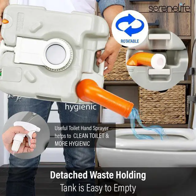 Alt view image 5 of 7 - SereneLife Outdoor Portable Toilet with Carrying Bag - 5.8 Gallon Waste Tank, 3.2 Gallon Fresh Water Tank, and Toilet Hand Sprayer - SLCATL360
