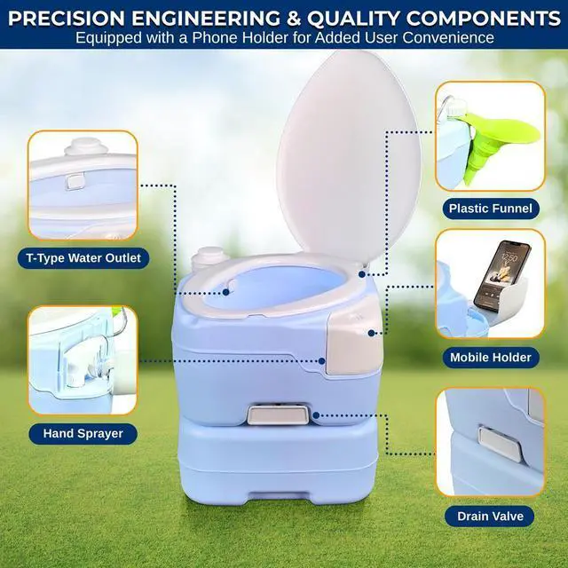 Alt view image 2 of 7 - SereneLife 15L Extra Large Portable Camping Toilet with Sprayer & Phone Holder - SLCATL220 - Moonwhite - 3pc