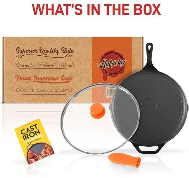 Alt view image 4 of 7 - NutriChef 12" Pre-Seasoned Cast Iron Fry Pan with Glass Lid & Silicone Handle - NCCI12