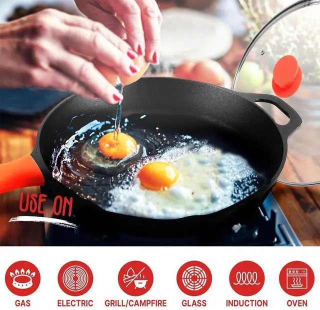 Alt view image 3 of 7 - NutriChef 12" Pre-Seasoned Cast Iron Fry Pan with Glass Lid & Silicone Handle - NCCI12