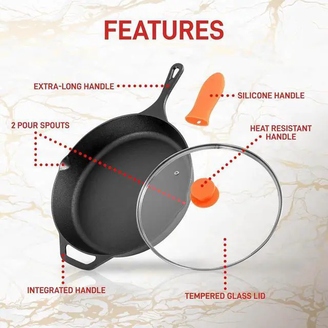 Alt view image 5 of 7 - NutriChef 12" Pre-Seasoned Cast Iron Fry Pan with Glass Lid & Silicone Handle - NCCI12