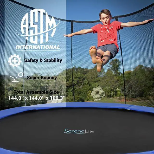 Alt view image 2 of 7 - SereneLife 12ft Outdoor Jumping Trampoline with Safety Net Enclosure for Kids, Teens & Young Adults, Waterproof, Weather-Resistant