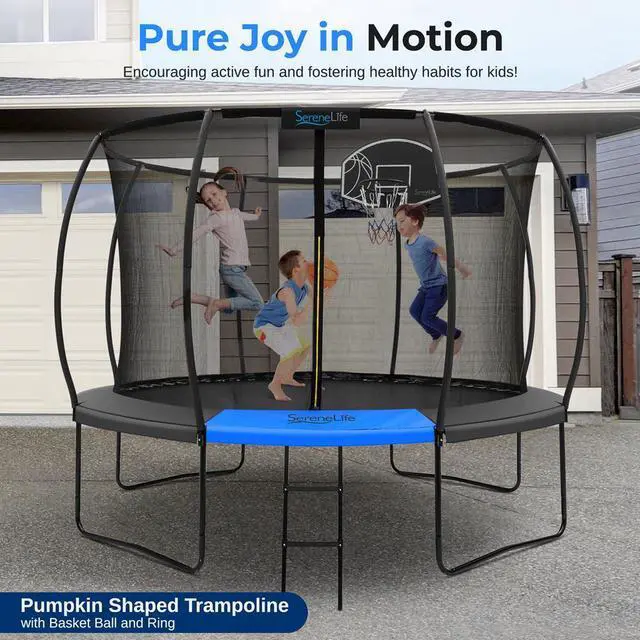 Alt view image 6 of 7 - SereneLife 10ft Pumpkin-Shaped Outdoor Trampoline with Luxury Ladder & Basketball Hoop System, Inner Safety Net Enclosure for Kids and Teens