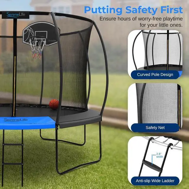 Alt view image 4 of 7 - SereneLife 10ft Pumpkin-Shaped Outdoor Trampoline with Luxury Ladder & Basketball Hoop System, Inner Safety Net Enclosure for Kids and Teens