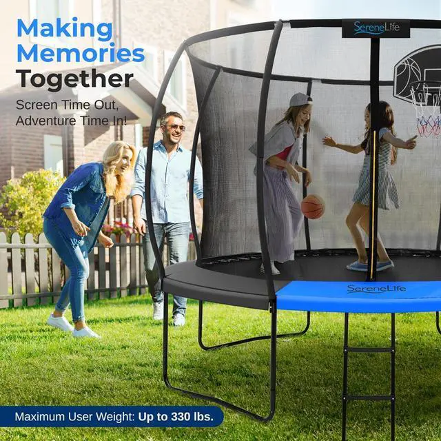 Alt view image 2 of 7 - SereneLife 10ft Pumpkin-Shaped Outdoor Trampoline with Luxury Ladder & Basketball Hoop System, Inner Safety Net Enclosure for Kids and Teens