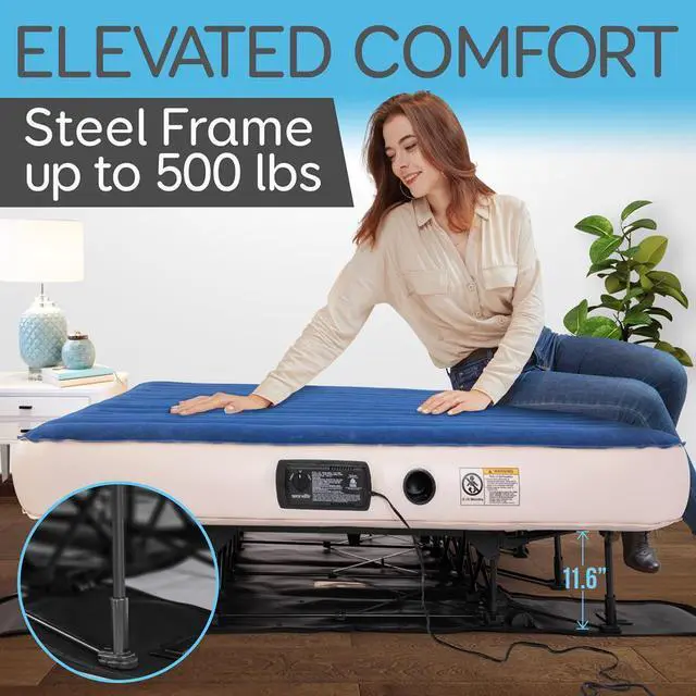 Alt view image 3 of 7 - SereneLife Premium Raised Queen Airbed with Steel Frame, Built-In Power Inflating Pump, 500lbs Capacity