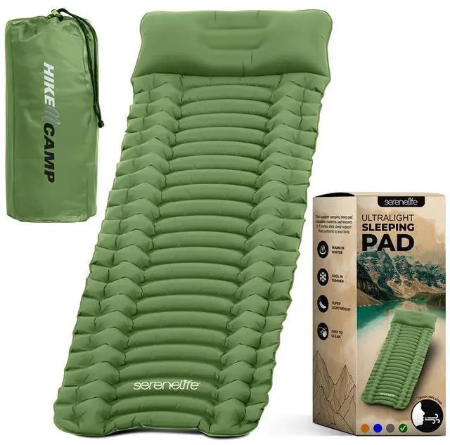 Main image of SereneLife Ultralight Sleeping Pad with Carrying Bag, Self-Inflating & Compact for Backpacking, Hiking, Air Mattress (Green)