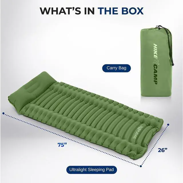Alt view image 6 of 7 - SereneLife Ultralight Sleeping Pad with Carrying Bag, Self-Inflating & Compact for Backpacking, Hiking, Air Mattress (Green)