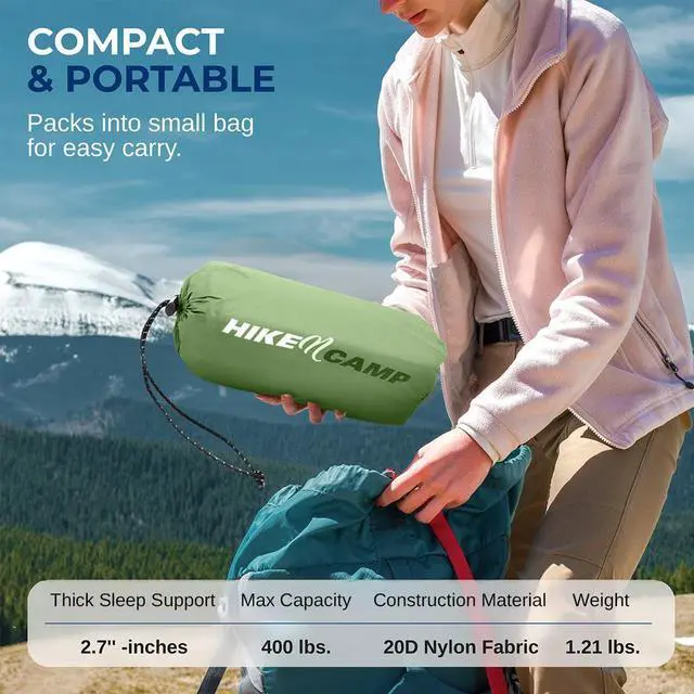 Alt view image 7 of 7 - SereneLife Ultralight Sleeping Pad with Carrying Bag, Self-Inflating & Compact for Backpacking, Hiking, Air Mattress (Green)