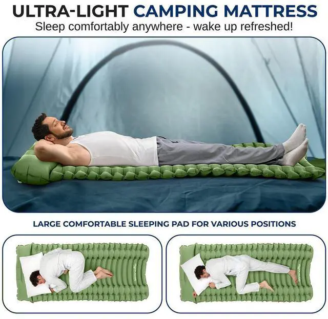 Alt view image 5 of 7 - SereneLife Ultralight Sleeping Pad with Carrying Bag, Self-Inflating & Compact for Backpacking, Hiking, Air Mattress (Green)