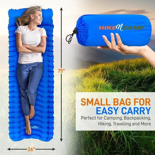 Alt view image 7 of 7 - SereneLife Ultralight Sleeping Pad with Carrying Bag, Lightweight & Compact Air Mattress for Backpacking and Hiking (Blue)