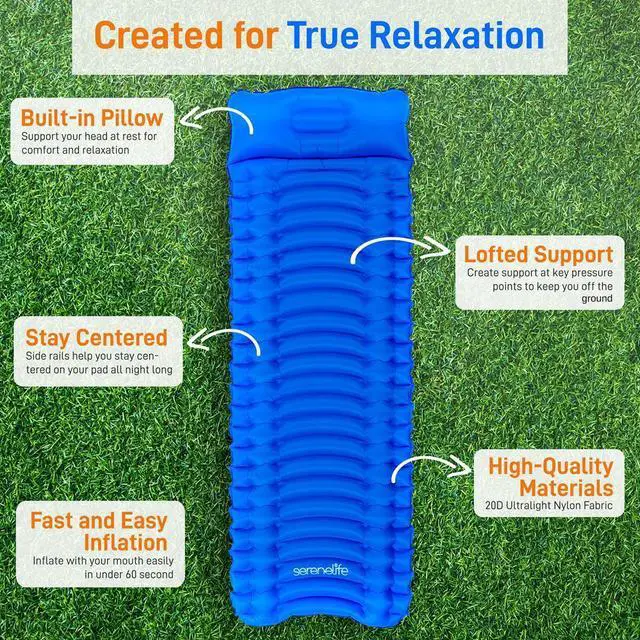 Alt view image 2 of 7 - SereneLife Ultralight Sleeping Pad with Carrying Bag, Lightweight & Compact Air Mattress for Backpacking and Hiking (Blue)