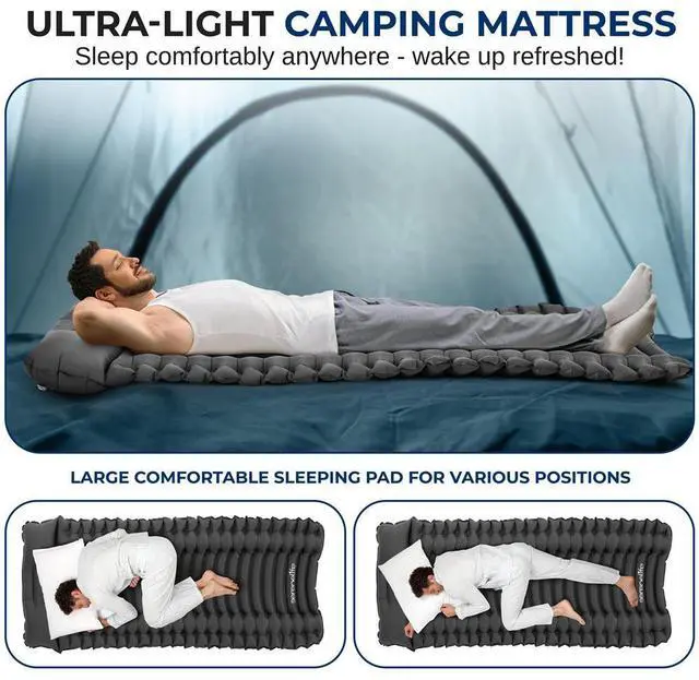 Alt view image 4 of 7 - SereneLife Ultralight Sleeping Pad with Carrying Bag, Self-Inflating & Compact for Backpacking and Hiking (Gray)