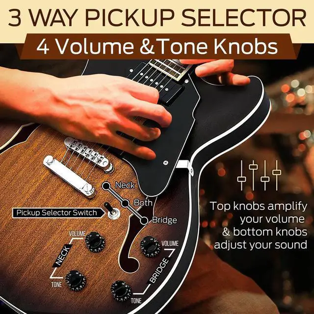 Alt view image 2 of 7 - Pyle 6-String Semi-Hollow Body Jazz Style Electric Guitar, 41.8" with P90 Style Pickups, Tuning Stability, and Accessory Kit (Sunburst Matt Finish)