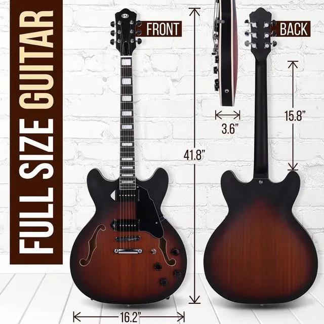 Alt view image 5 of 7 - Pyle 6-String Semi-Hollow Body Jazz Style Electric Guitar, 41.8" with P90 Style Pickups, Tuning Stability, and Accessory Kit (Sunburst Matt Finish)