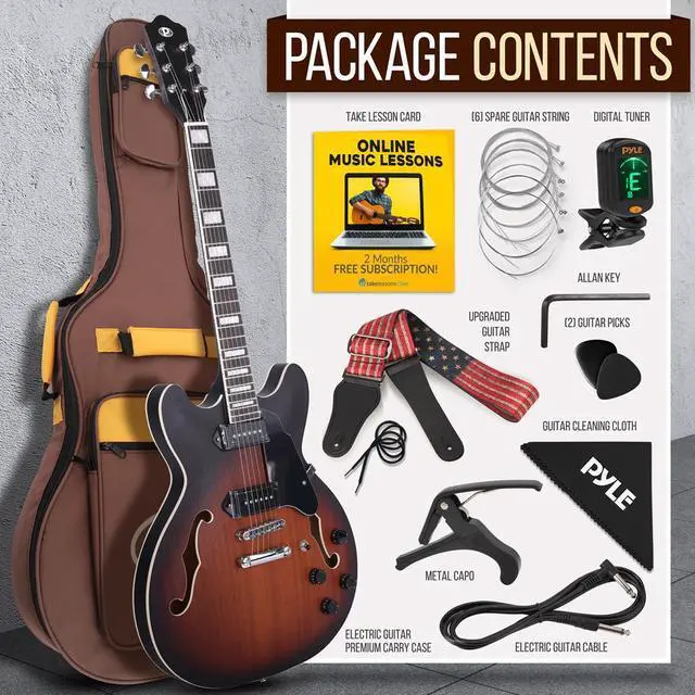 Alt view image 7 of 7 - Pyle 6-String Semi-Hollow Body Jazz Style Electric Guitar, 41.8" with P90 Style Pickups, Tuning Stability, and Accessory Kit (Sunburst Matt Finish)