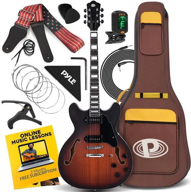 Main image of Pyle 6-String Semi-Hollow Body Jazz Style Electric Guitar, 41.8" with P90 Style Pickups, Tuning Stability, and Accessory Kit (Sunburst Matt Finish)