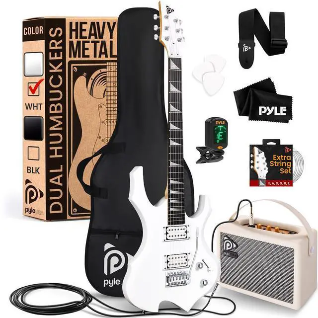 Main image of Pyle 6-String Electric Guitar Kit with 10W White Amplifier, Accessories, and Digital Tuner (White)