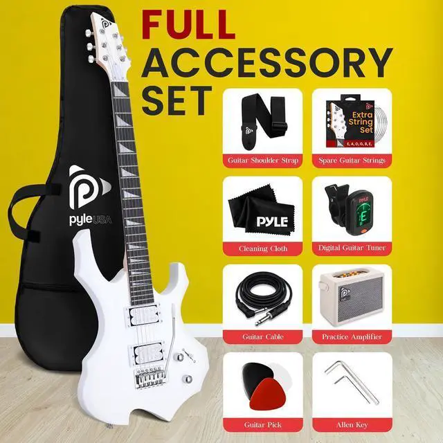 Alt view image 2 of 7 - Pyle 6-String Electric Guitar Kit with 10W White Amplifier, Accessories, and Digital Tuner (White)