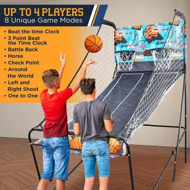 Alt view image 6 of 7 - SereneLife Dual-Shot Basketball Arcade Game, 2-Player System with LED Scoreboard, 8 Games, and 5 Mini Basketballs