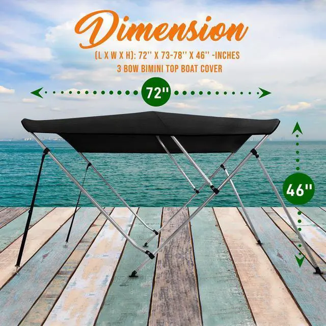 Alt view image 2 of 7 - SereneLife 3-Bow Bimini Top Boat Cover with 1" Aluminum Frame, Waterproof UV-Resistant Marine Canvas & Mounting Hardware (Gray, 72" x 73-78" x 46")