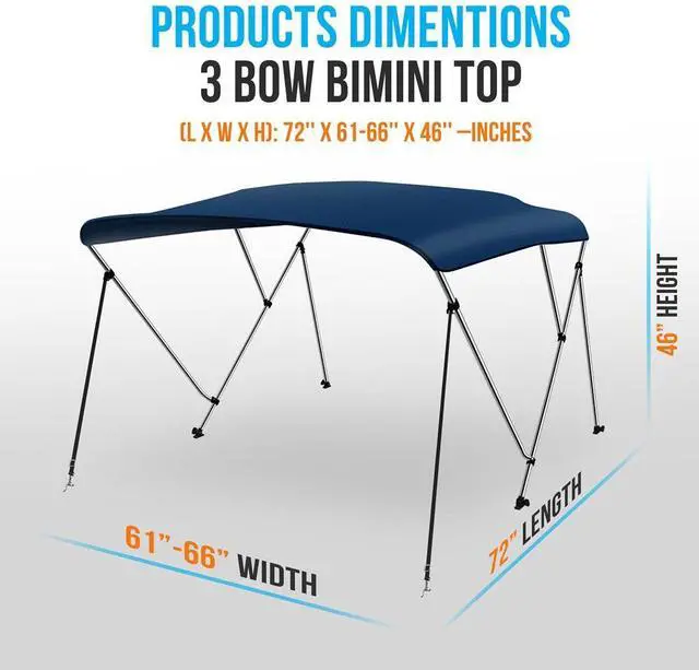 Alt view image 3 of 7 - SereneLife 3-Bow Bimini Top Boat Cover with 1" Aluminum Frame, Waterproof UV-Resistant Canvas & Mounting Hardware (Navy Blue, 72" x 61-66" x 46")