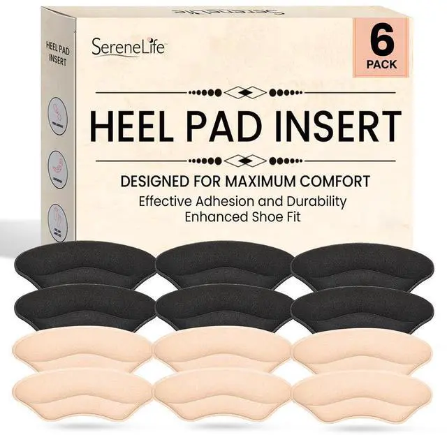 Main image of SereneLife Heel Pad Cushions for Dress Shoes, High Heels & Loafers  Soft Sponge & Faux Leather, 6 Pairs (Black & Apricot)