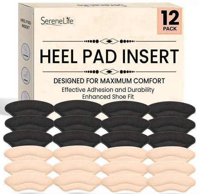 Main image of SereneLife Heel Pad Cushions for Dress Shoes, High Heels & Loafers  Soft Sponge & Faux Leather, 12 Pairs (Black & Apricot)