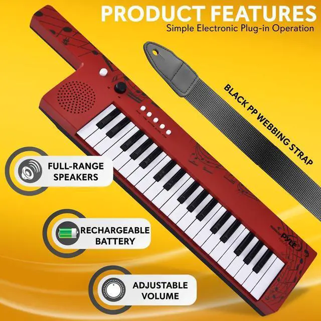 Alt view image 2 of 7 - Pyle Digital Musical Karaoke Keyboard  37-Key Portable Piano with Rechargeable Battery, Wired Microphone & Shoulder Strap  Red (PKBRD87RD)