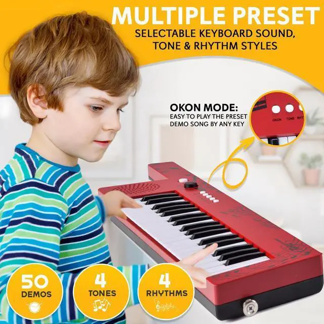 Alt view image 5 of 7 - Pyle Digital Musical Karaoke Keyboard  37-Key Portable Piano with Rechargeable Battery, Wired Microphone & Shoulder Strap  Red (PKBRD87RD)