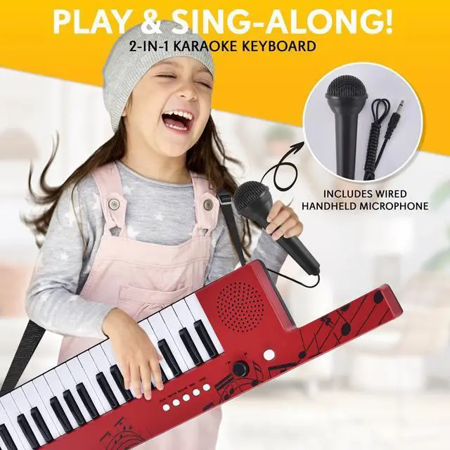 Alt view image 3 of 7 - Pyle Digital Musical Karaoke Keyboard  37-Key Portable Piano with Rechargeable Battery, Wired Microphone & Shoulder Strap  Red (PKBRD87RD)