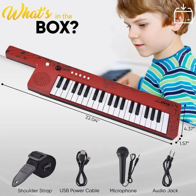Alt view image 6 of 7 - Pyle Digital Musical Karaoke Keyboard  37-Key Portable Piano with Rechargeable Battery, Wired Microphone & Shoulder Strap  Red (PKBRD87RD)