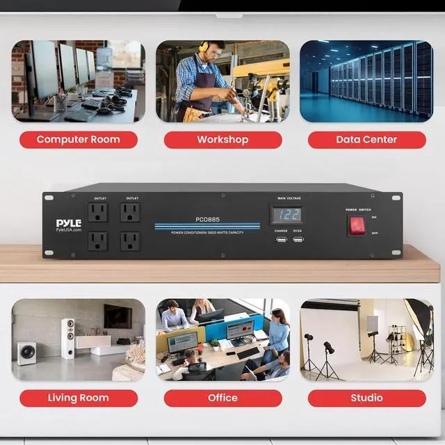 Alt view image 3 of 7 - Pyle 18-Outlet Rack Mount Power Conditioner  3600W Surge Protector with Digital Voltage Display, USB Ports & RFI/EMI Filtering (PCO885)