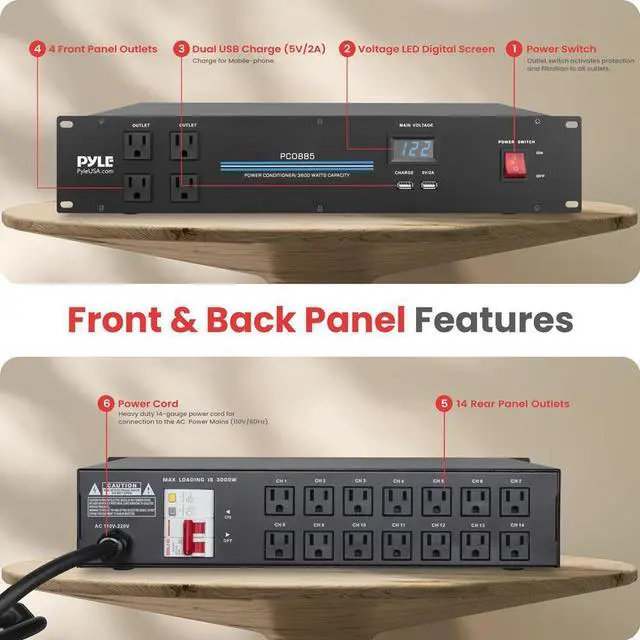 Alt view image 2 of 7 - Pyle 18-Outlet Rack Mount Power Conditioner  3600W Surge Protector with Digital Voltage Display, USB Ports & RFI/EMI Filtering (PCO885)