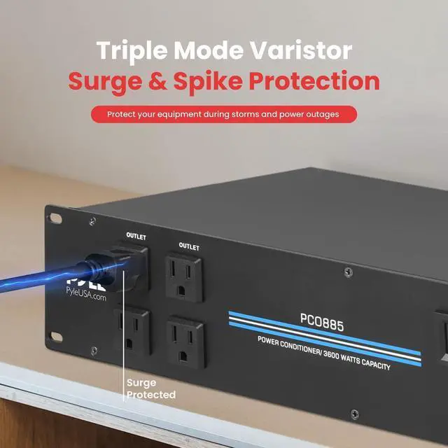 Alt view image 7 of 7 - Pyle 18-Outlet Rack Mount Power Conditioner  3600W Surge Protector with Digital Voltage Display, USB Ports & RFI/EMI Filtering (PCO885)
