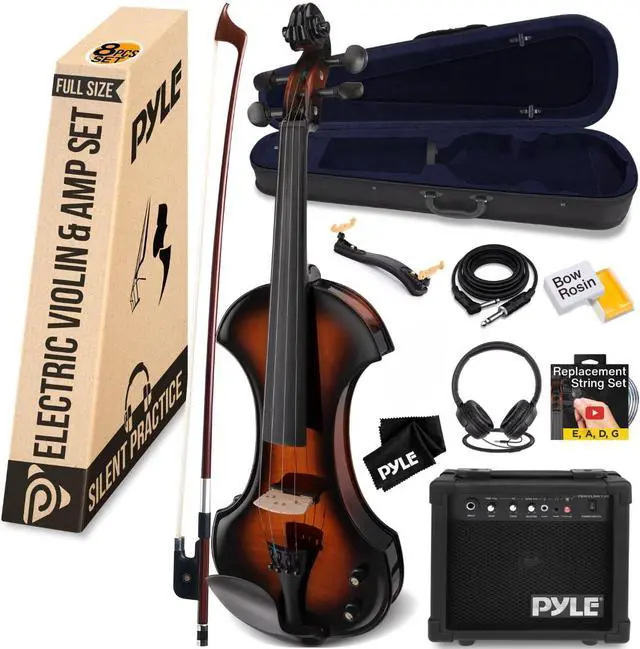 Main image of Pyle Electric Plywood Violin Kit  Full Size Sunburst Violin with 10W Amp, Headphones, Tuner, Bow, Strings & Case  Student Starter Set (PEGVLNKT40)