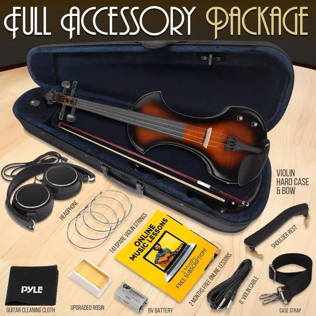 Alt view image 6 of 7 - Pyle Electric Plywood Violin Kit  Full Size Sunburst Violin with 10W Amp, Headphones, Tuner, Bow, Strings & Case  Student Starter Set (PEGVLNKT40)