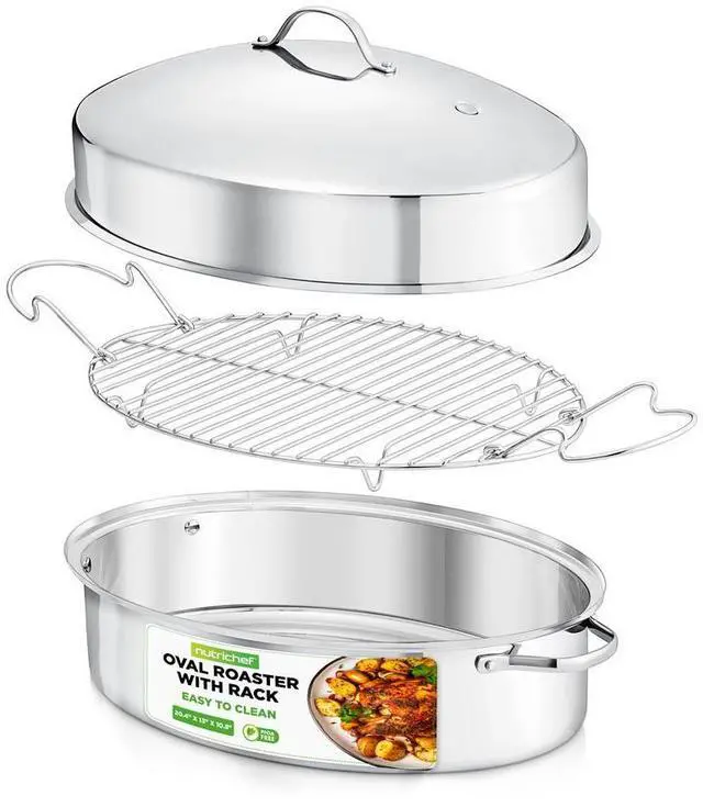 Main image of NutriChef 18" Oval Roasting Pan with Polished Rack, Stainless Steel Lid, Dishwasher & Oven Safe - NCOAVL99