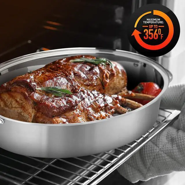 Alt view image 7 of 7 - NutriChef 18" Oval Roasting Pan with Polished Rack, Stainless Steel Lid, Dishwasher & Oven Safe - NCOAVL99