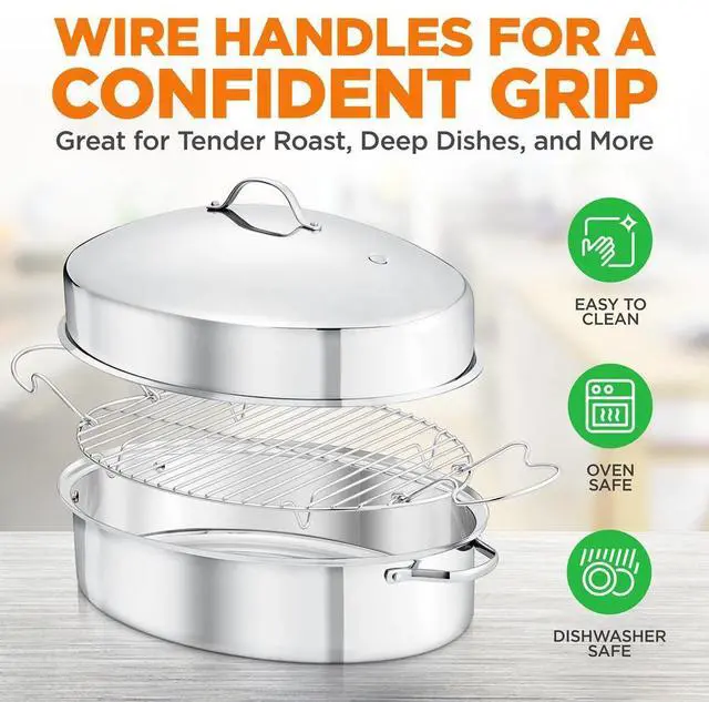 Alt view image 2 of 7 - NutriChef 18" Oval Roasting Pan with Polished Rack, Stainless Steel Lid, Dishwasher & Oven Safe - NCOAVL99