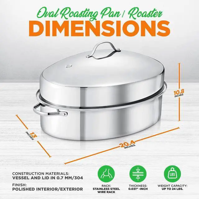 Alt view image 5 of 7 - NutriChef 18" Oval Roasting Pan with Polished Rack, Stainless Steel Lid, Dishwasher & Oven Safe - NCOAVL99