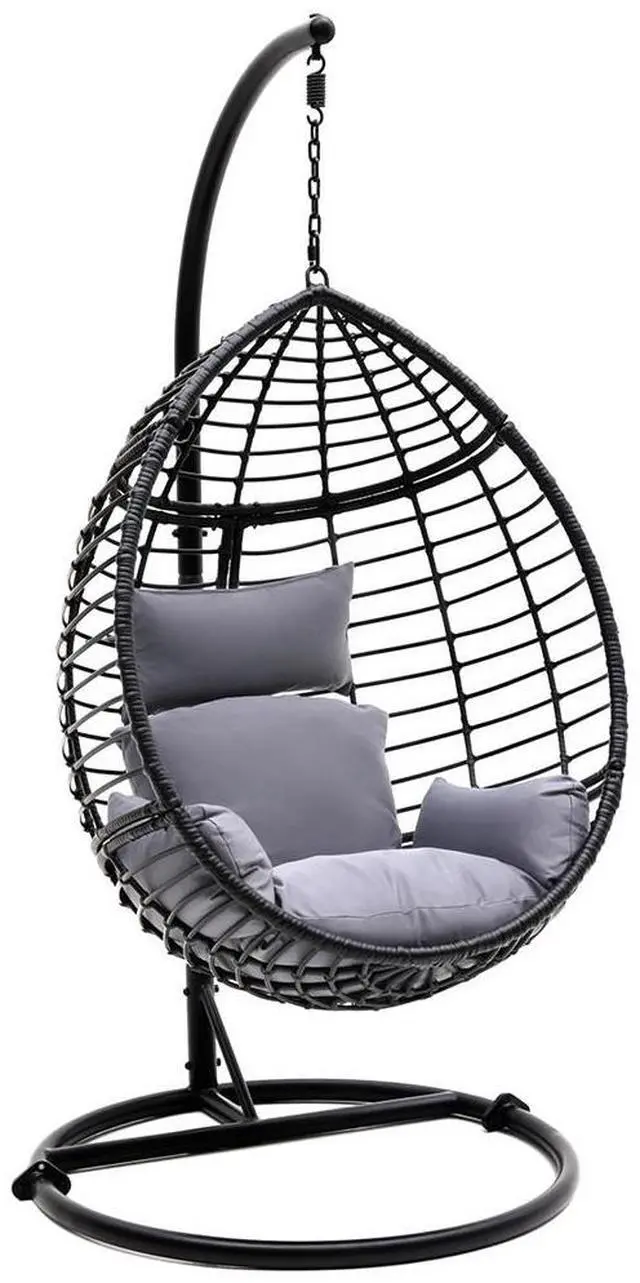 Main image of SereneLife Wicker Rattan Swing Chair with Cushions, Powder-Coated Steel Frame, Outdoor/Indoor Garden Decoration (Black) - SLGZ0EGBL